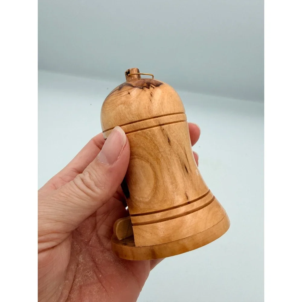 Hand Carved Olive Wood Nativity Scene Bell Ornament Rustic Christmas Decor
